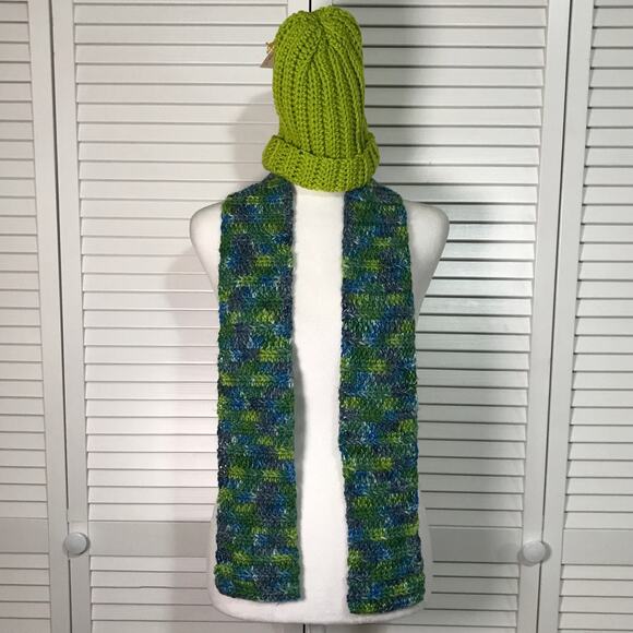 NWT Handmade Crocheted Green, Blue, White Textured Beanie & Scarf 51” - Picture 1 of 4